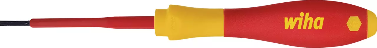 Red and yellow electric screwdriver with a soft grip handle.