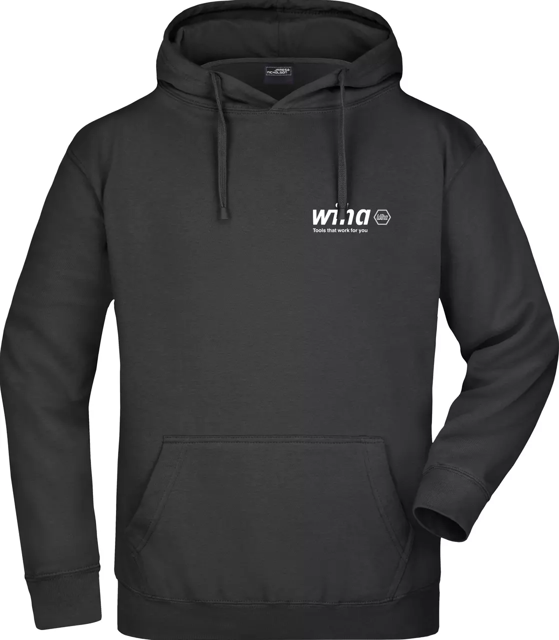 Zwarte hoodie met wit logo op de borst en voorzak.