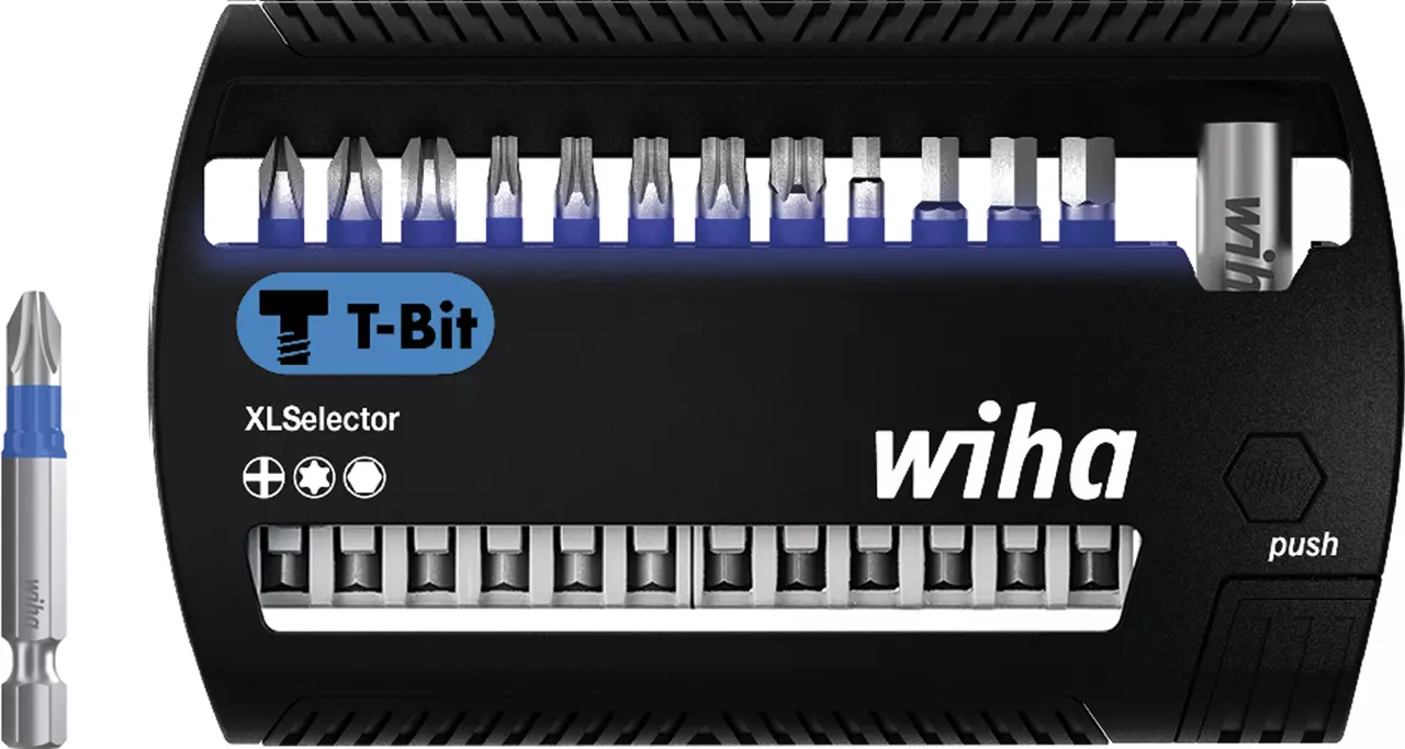 Black tool case with various screwdriver bits, labeled "XLSelector" and "T-Bit". A single bit is shown separately