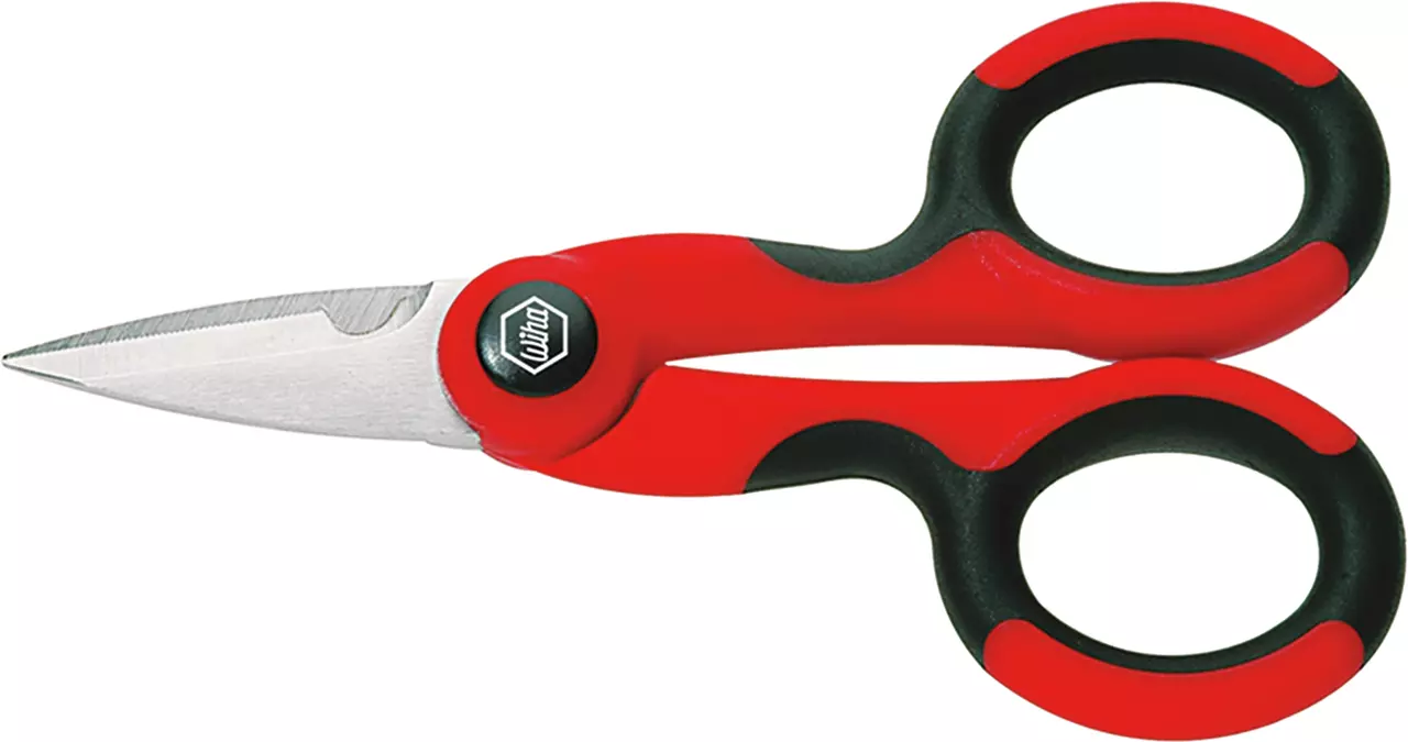 Red and black-handled utility scissors with sharp, short blades.