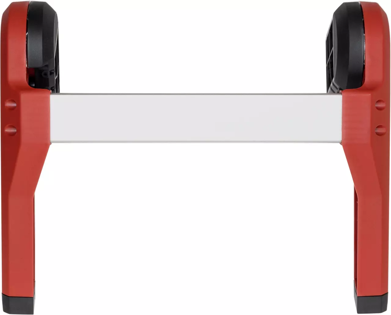Red and black stand with horizontal white bar, likely a support or frame for a device.