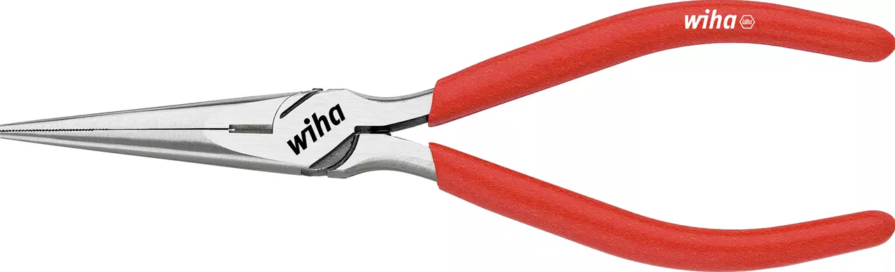 Flat-nose precision pliers with red handles and metal jaws.