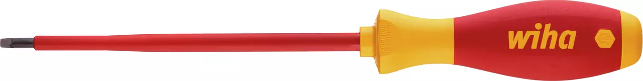 Red and yellow insulated screwdriver with square tip and ergonomic handle.