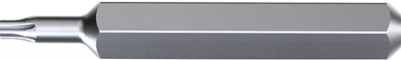 Hexagonal screwdriver bit in metallic gray.