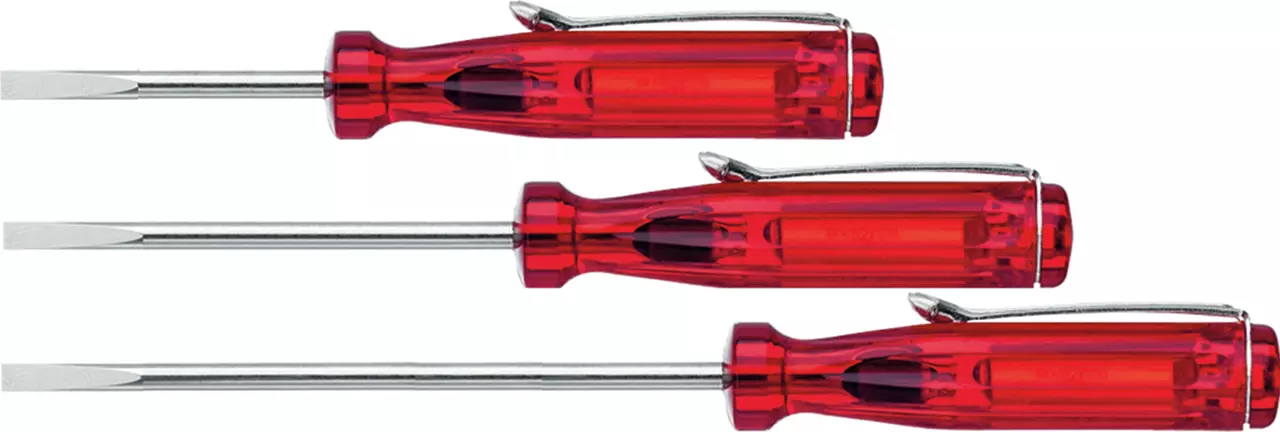 Three red-handled flathead screwdrivers with metal clips