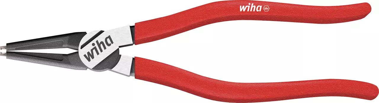 Red-handled snap ring pliers with pointed tips for internal rings.
