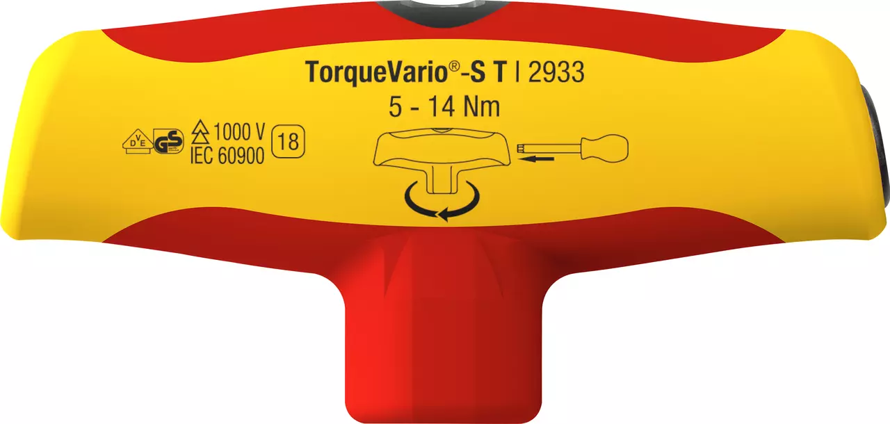 Yellow and red torque screwdriver handle with specifications