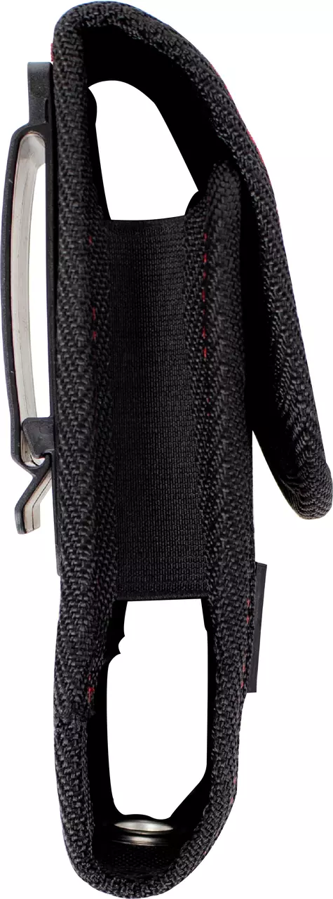 Black fabric belt pouch for an electric screwdriver, viewed from the side.