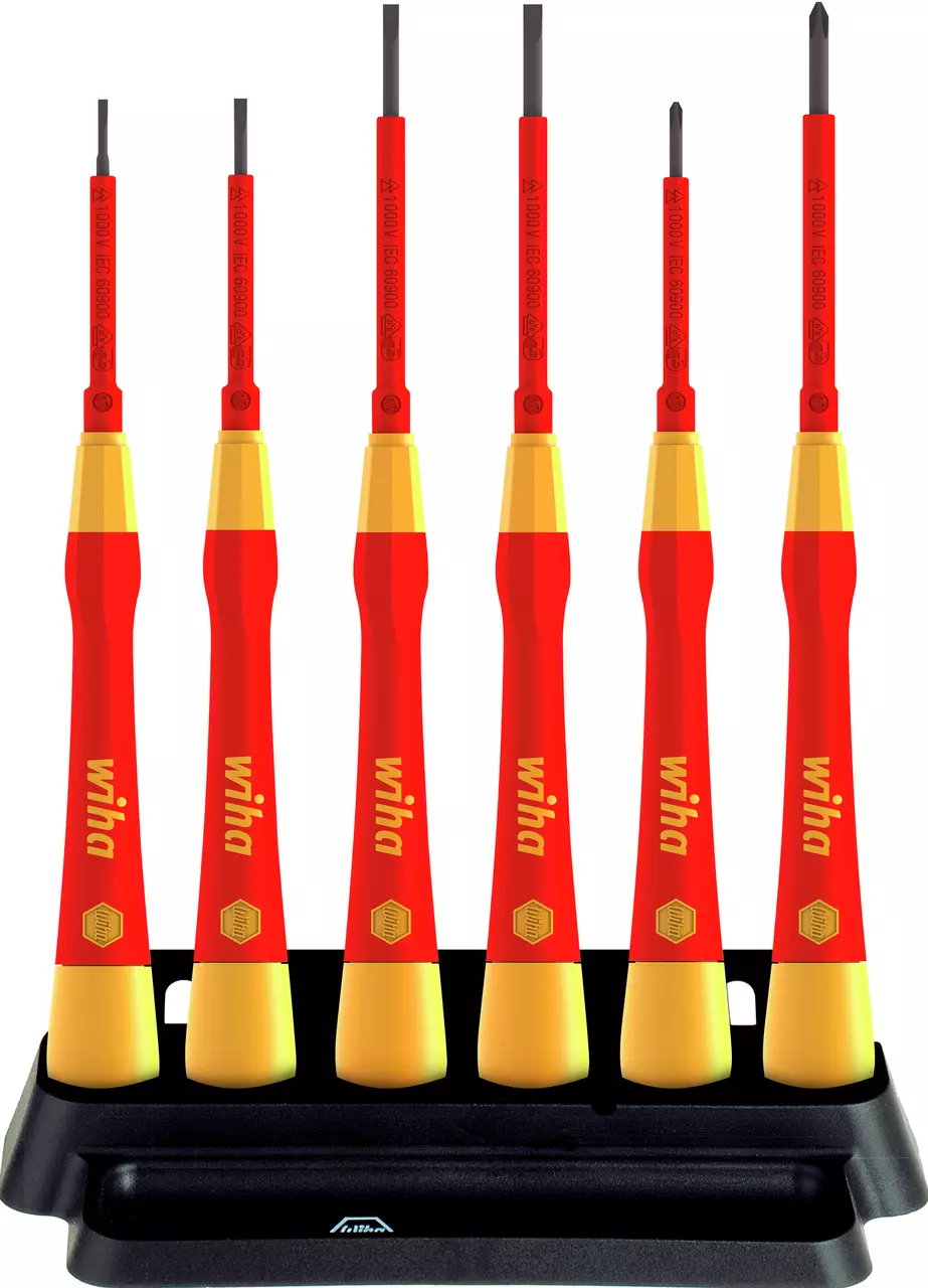 Set of red and yellow precision screwdrivers in a black holder