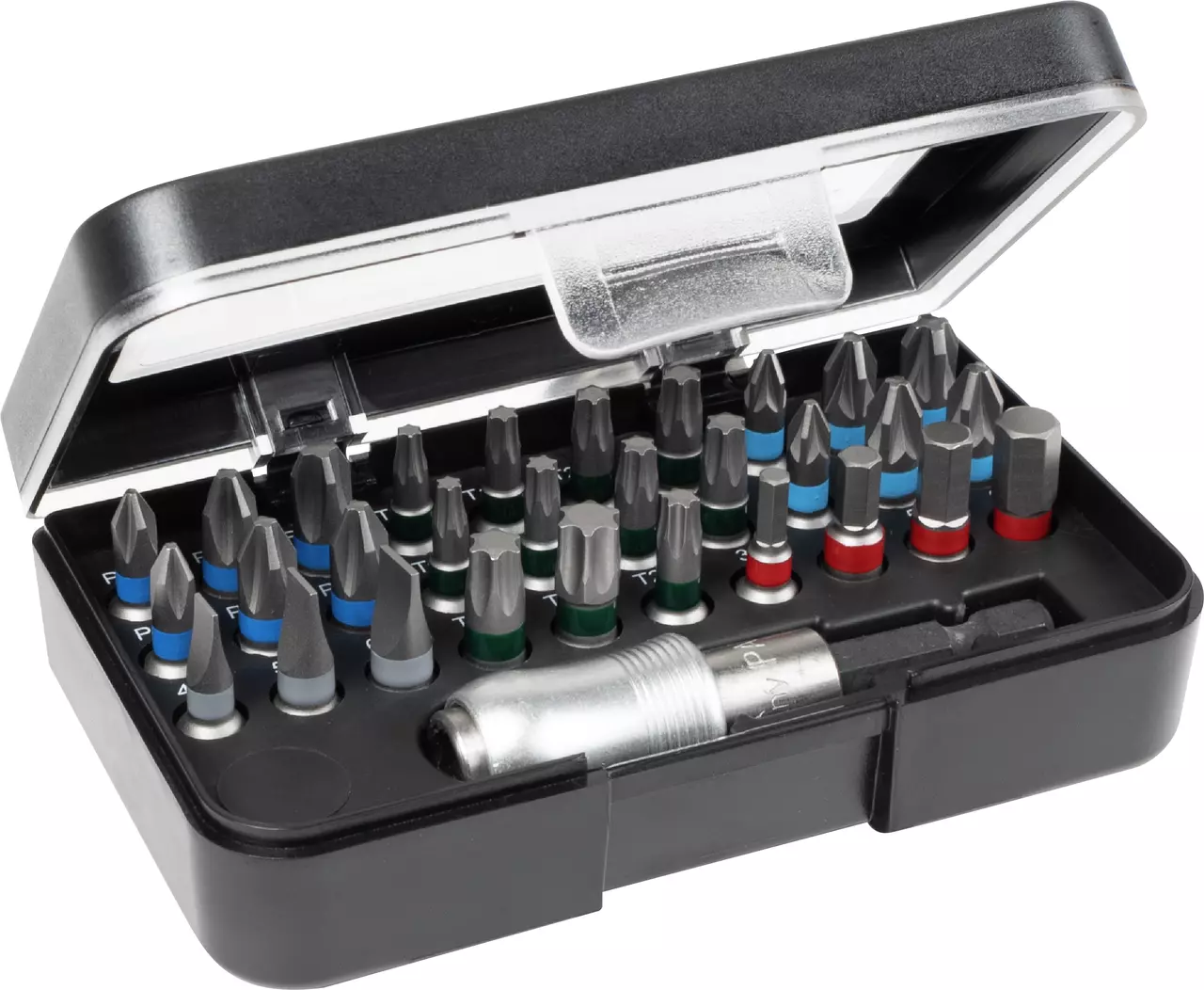 A black plastic box containing 31 different screwdriver bits in various colors.
