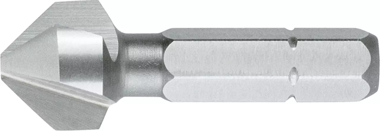 Metal countersink bit with a hexagonal shank and conical cutting head.