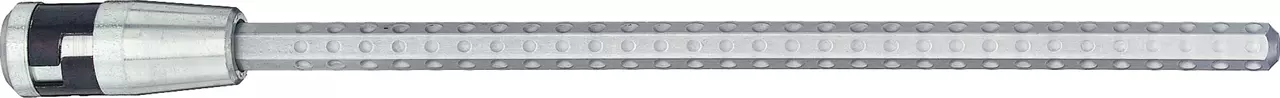 Metal bit holder with textured grip and cylindrical shape.