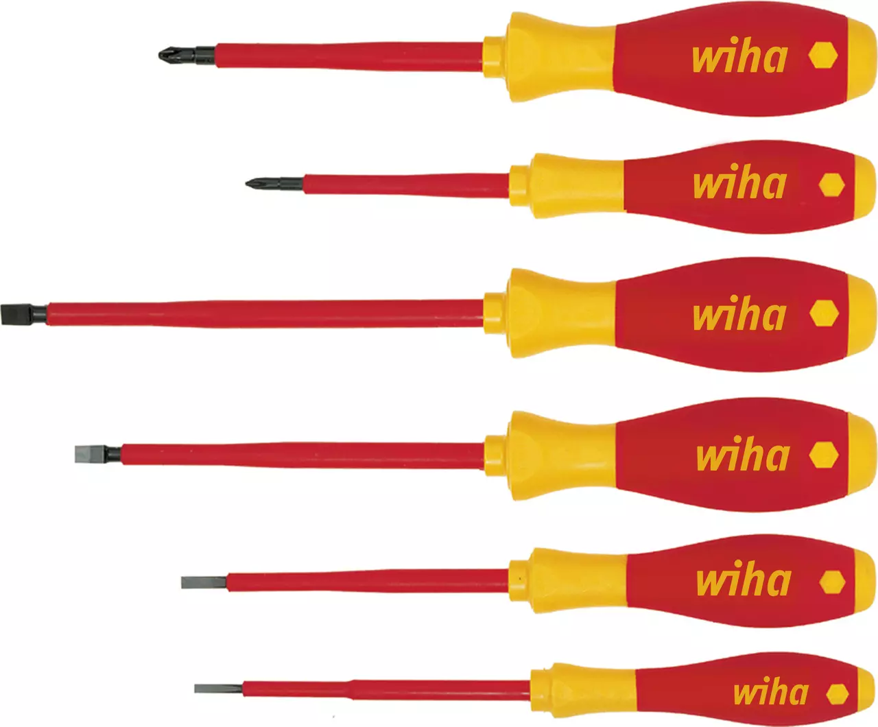 Six insulated screwdrivers with red and yellow handles