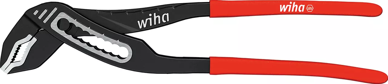Black water pump pliers with red handles and toothed jaws.