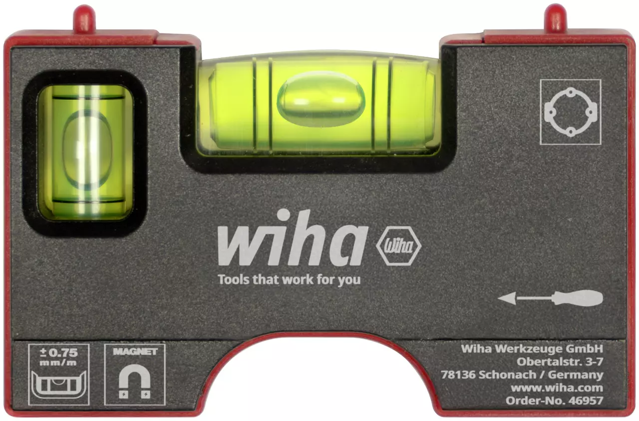 Pocket level with two bubble vials in a compact, rectangular design, black with red edges.