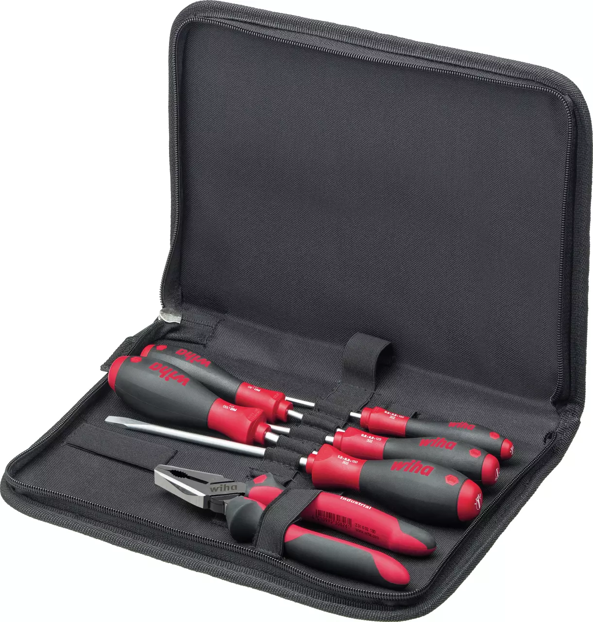 Tool set in a black case with red and black screwdrivers and pliers.
