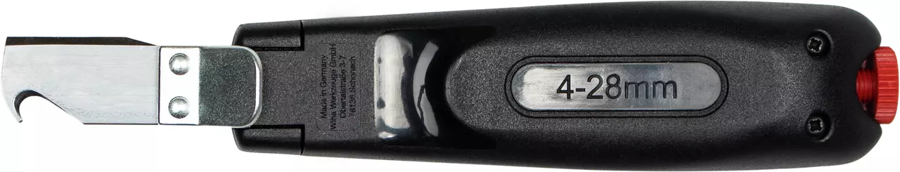 Wire stripping tool with black handle and metal blade, marked 4-28mm.