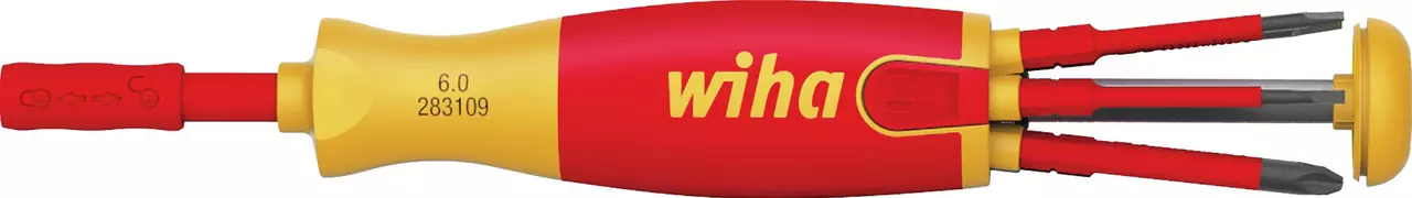 Red and yellow electric screwdriver with multiple bits stored inside the handle.