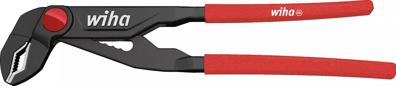 Red-handled water pump pliers with a black metal body and a red adjustment button.