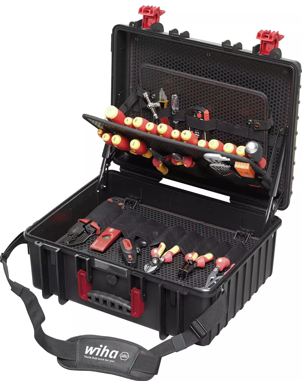 Black tool case with red and yellow insulated tools neatly organized inside