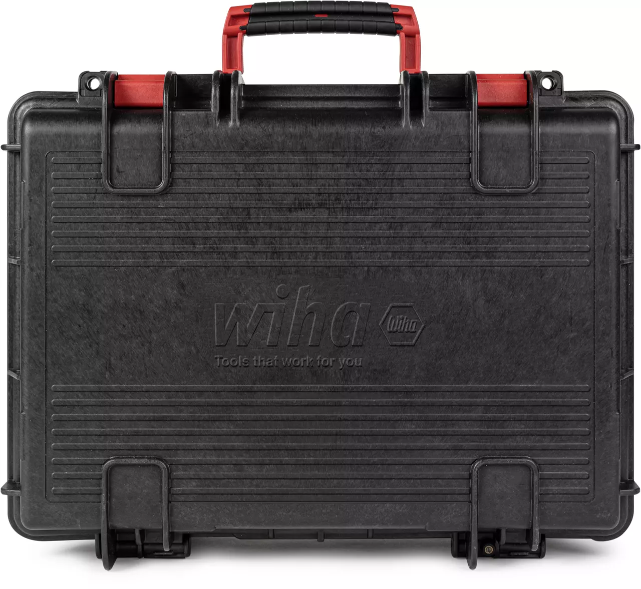 Black tool case with red handle and latches, embossed with logo and text.
