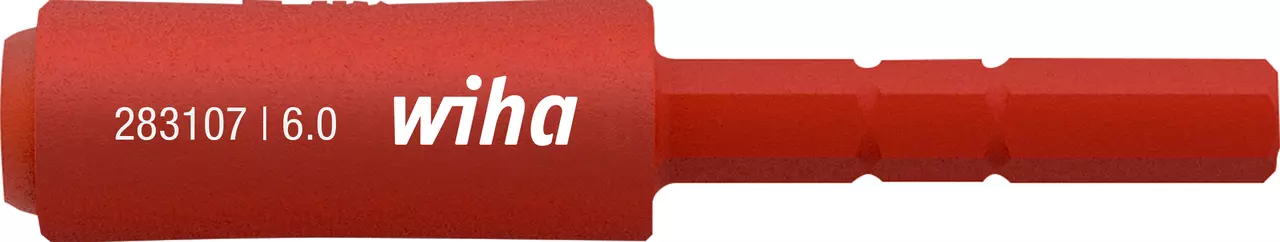 Red extension bit with hexagonal shape and printed text "283107 | 6.0 wiha."