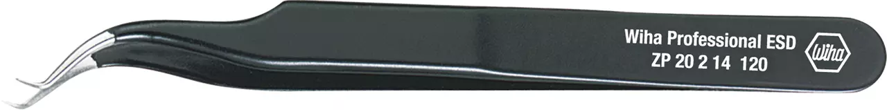 Black precision tweezers with bent tips and ESD marking.