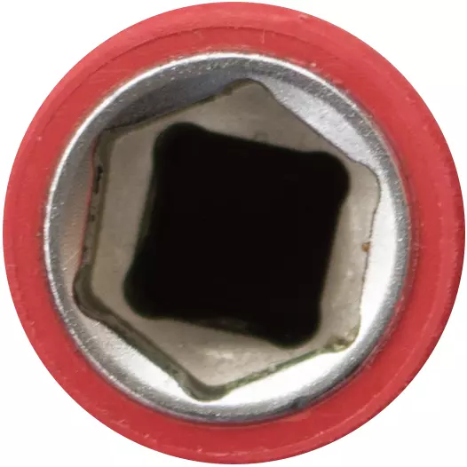 Insulated socket wrench insert with red exterior and square interior opening.