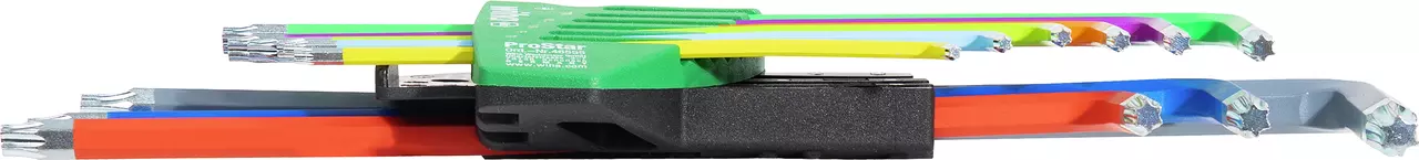 Set of 9 colorful Torx keys in a green holder, viewed from the side.