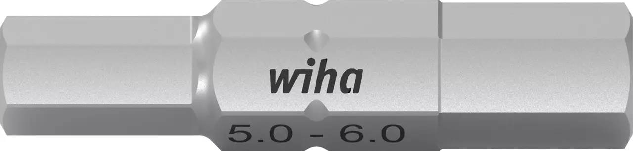 Hexagonal double bit in silver with "wiha" and "5.0-6.0" markings.