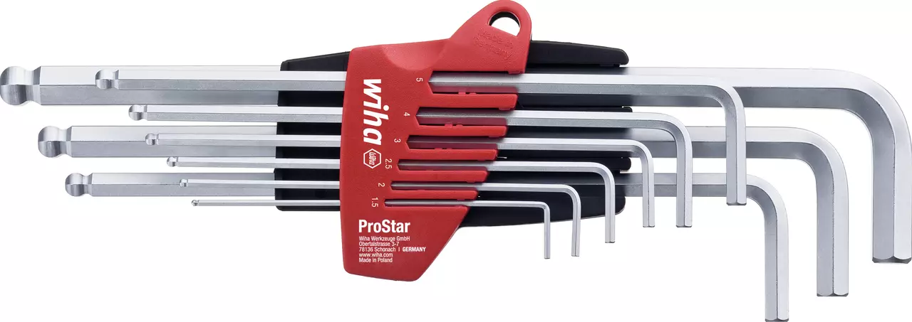Hex key set with red holder, various sizes.
