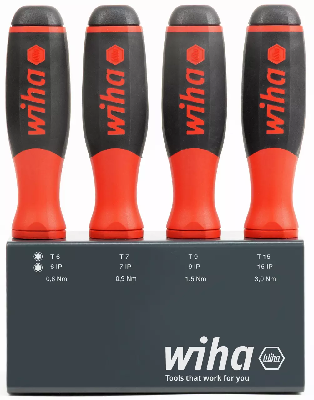 Set of four red and black screwdrivers with torque settings on a display stand.