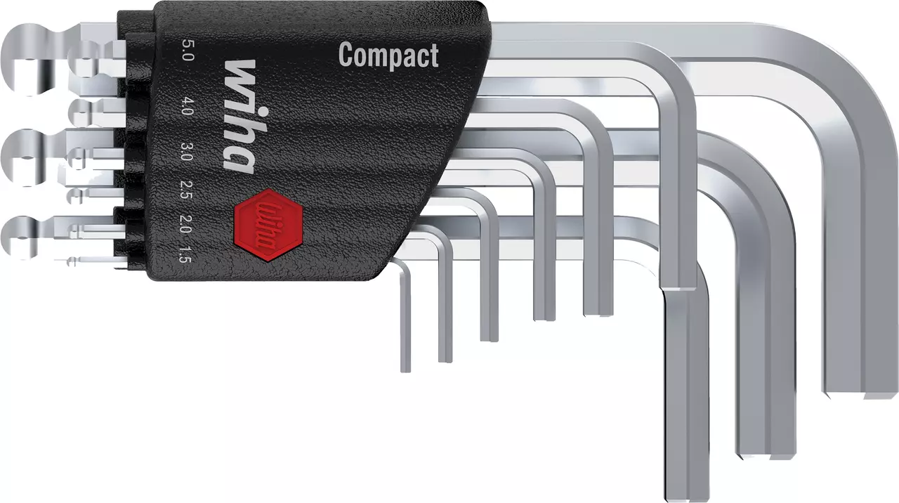 Set of L-shaped hex keys in a black compact holder.