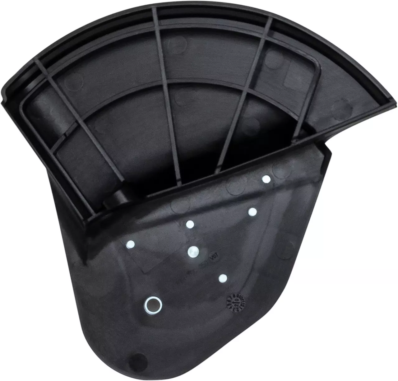 Black plastic wheel bracket with curved edges and circular holes.