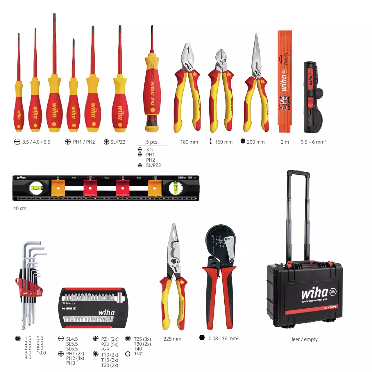 Tool set with screwdrivers, pliers, level, hex keys, bits, and a trolley case.