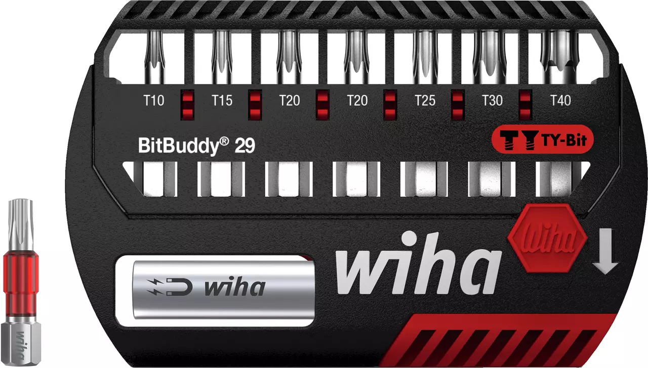 A set of Torx screwdriver bits in a black and red holder labeled "BitBuddy 29" and "wiha".