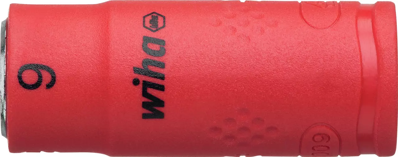 Red insulated socket wrench adapter with black text and number 9.