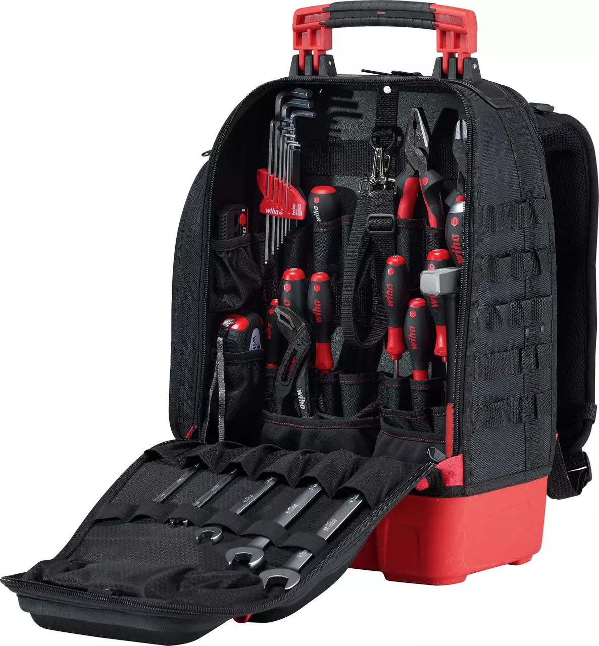 Black and red tool backpack with various hand tools inside, including wrenches and screwdrivers.
