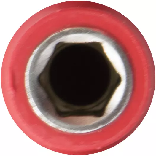 Insulated socket wrench attachment, red, hexagonal opening.