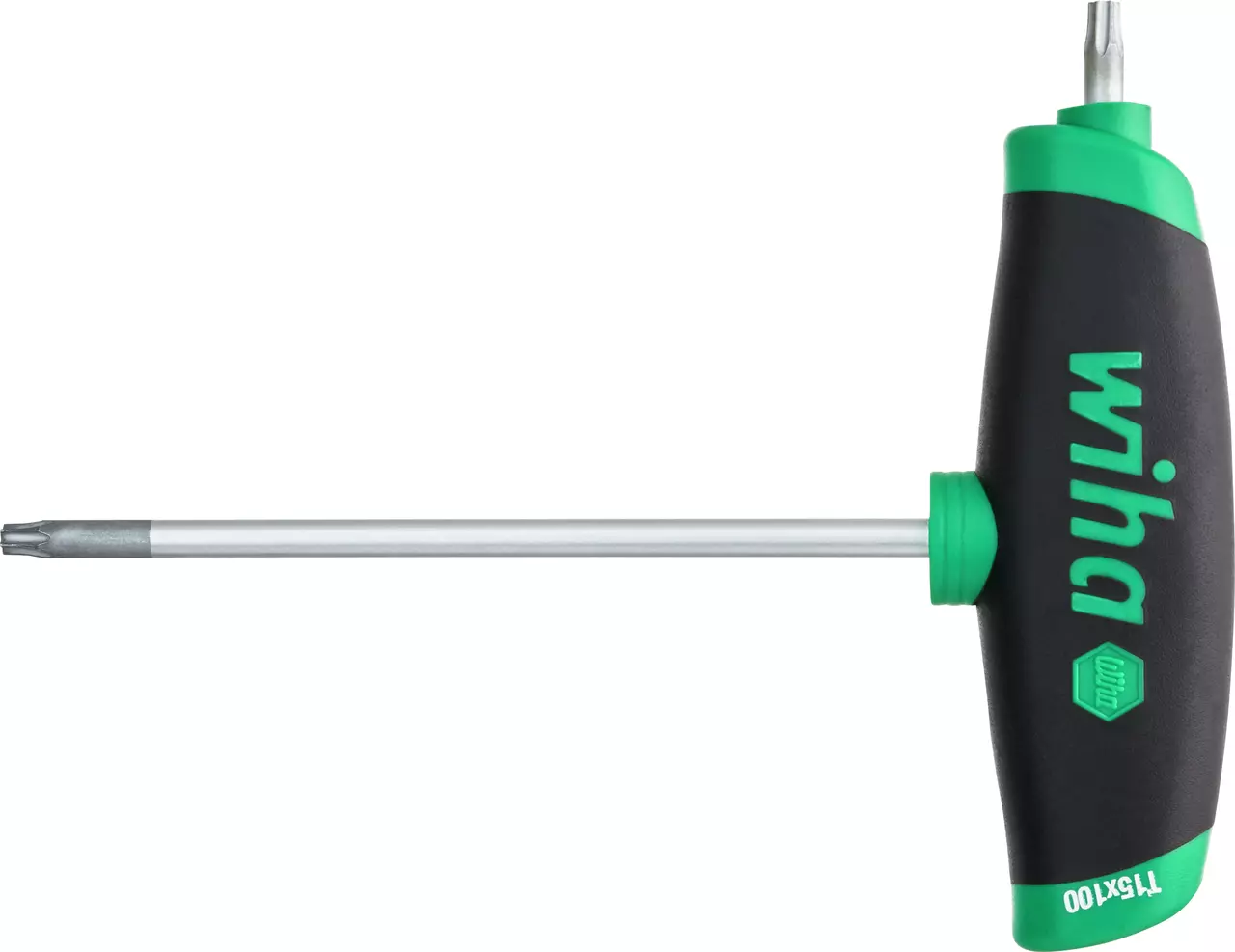 T-handle tool with a Torx L-key, black and green grip, silver metal shaft.