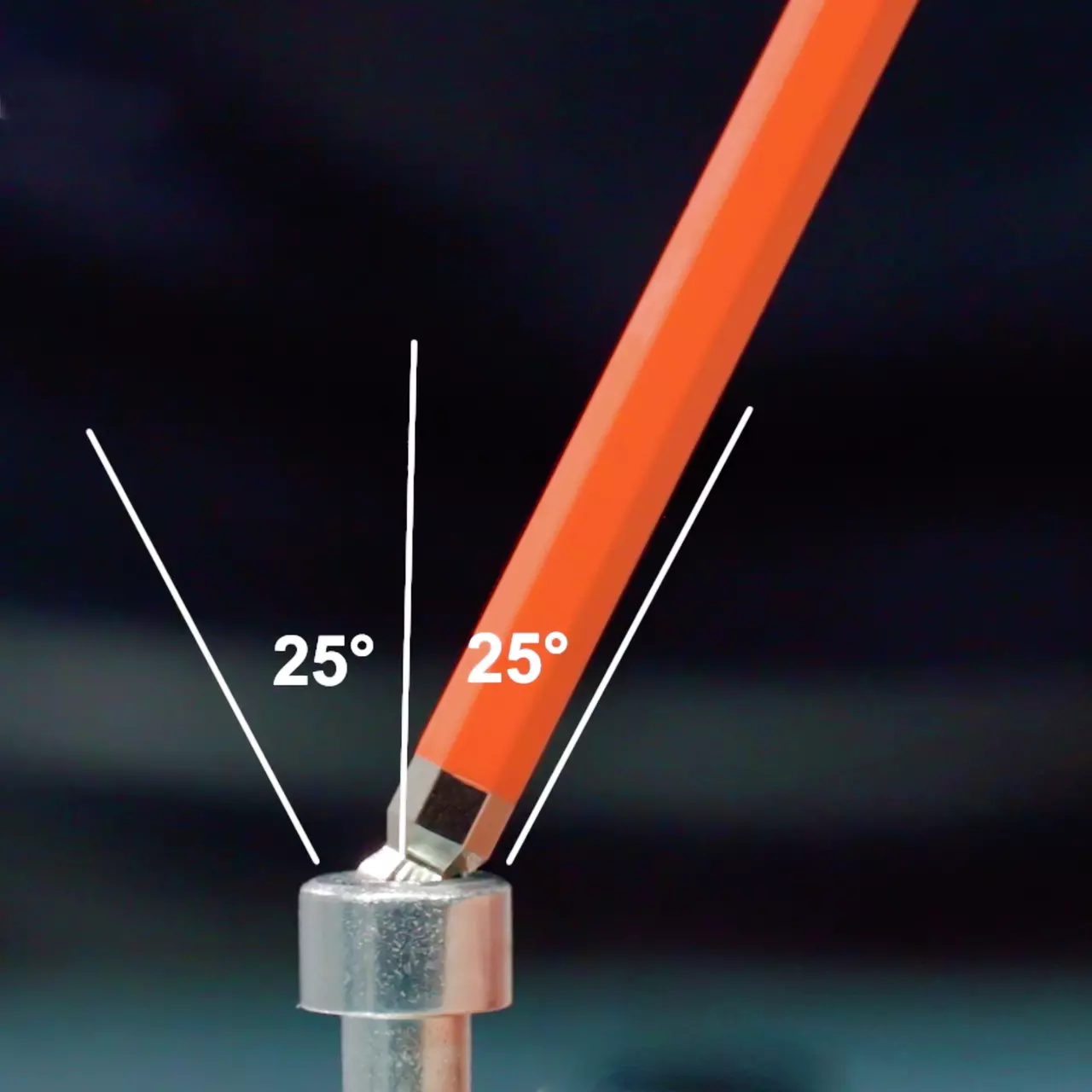 Orange hex key with ball end at 25-degree angle in socket