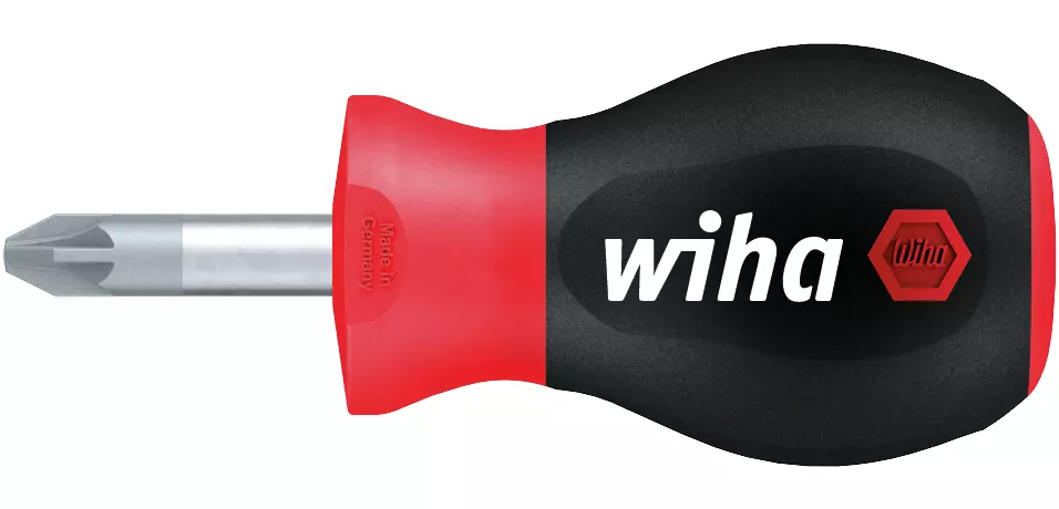 Stubby screwdriver with red and black handle and a short metal shaft