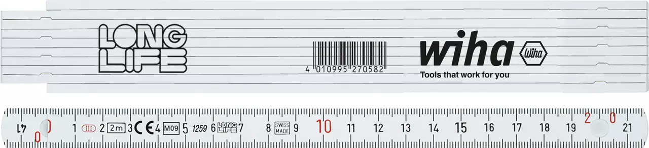 White folding ruler with black and red markings