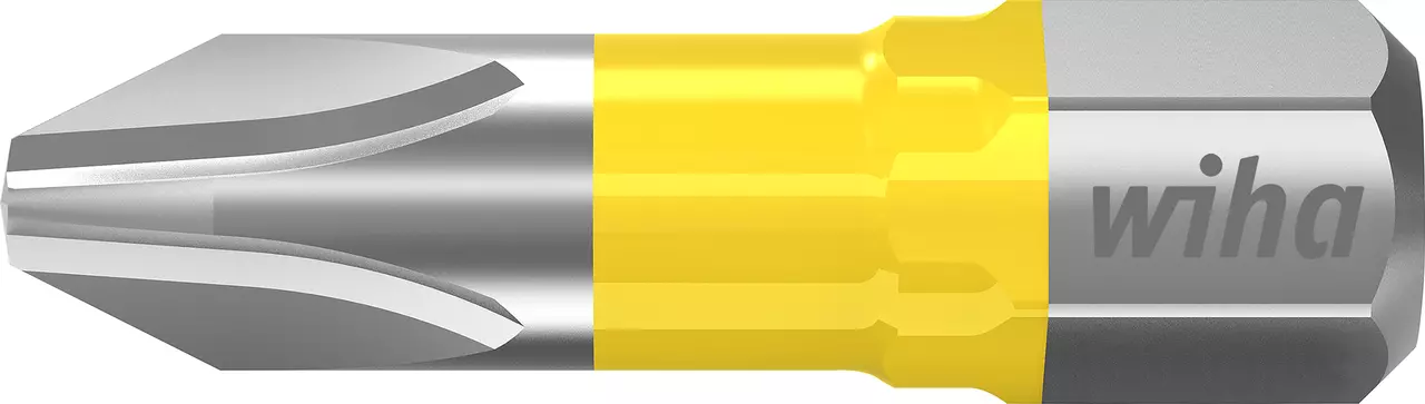 Silver and yellow screwdriver bit with Phillips head
