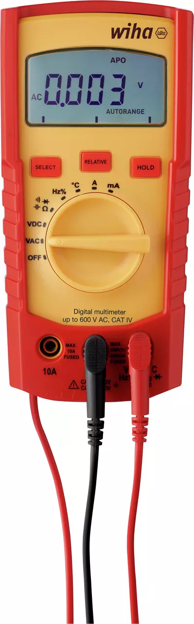 Digital multimeter with red and yellow casing, displaying "0.003 V" on screen, with black and red probes attached.