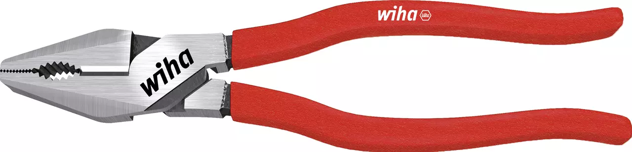 Red-handled combination pliers with serrated jaws