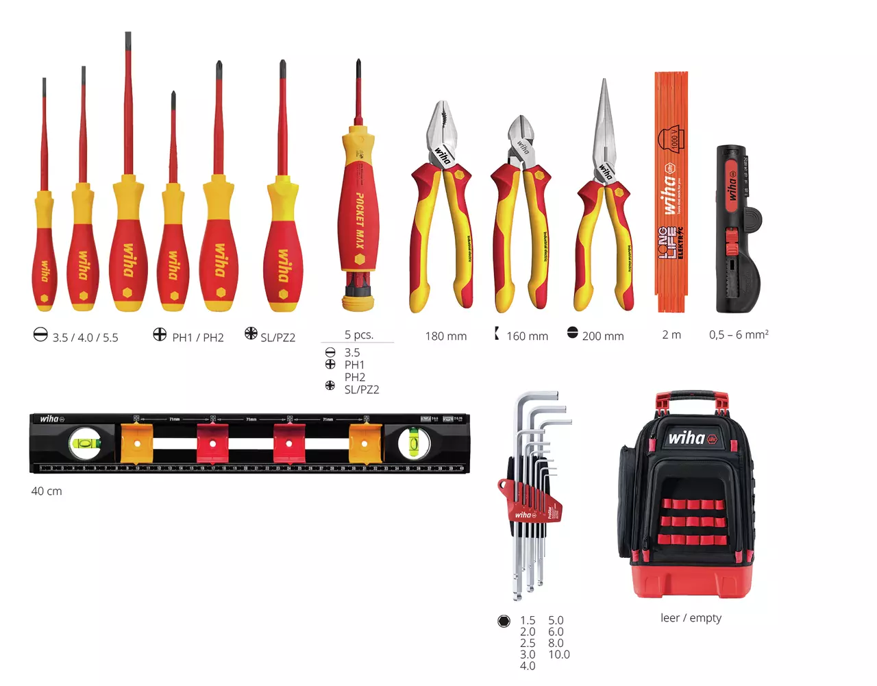 Tool set with red and yellow screwdrivers, pliers, folding ruler, and a black and red backpack.