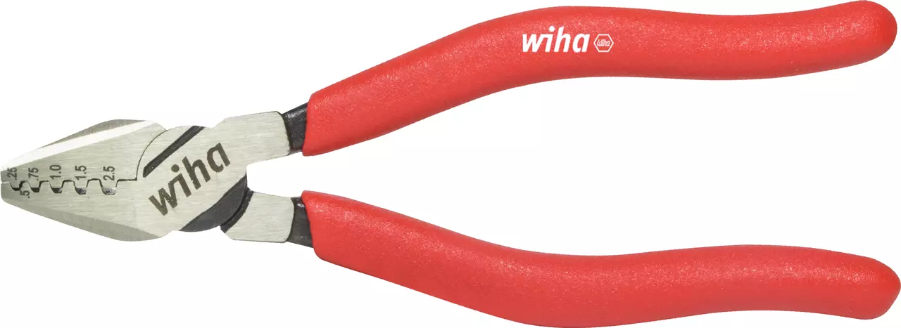 Crimping pliers with red handles and measurement markings on the jaws.