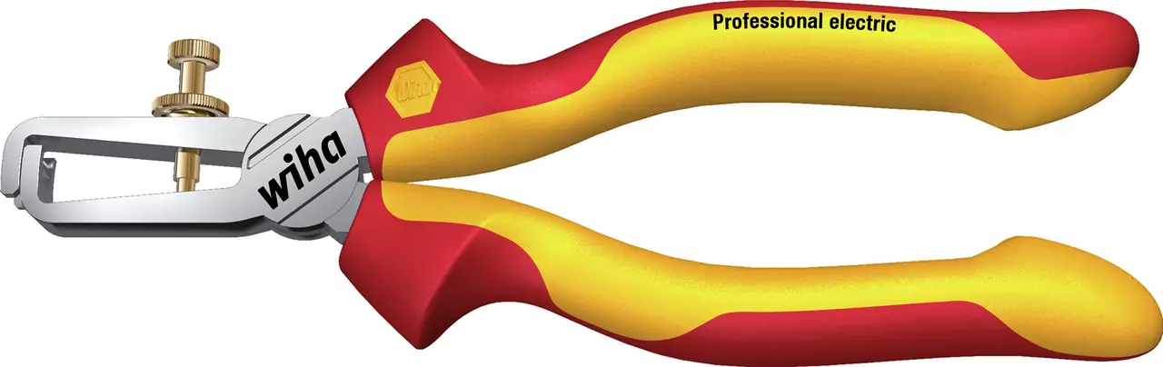 Red and yellow wire stripper with adjustable screw and ergonomic handles.