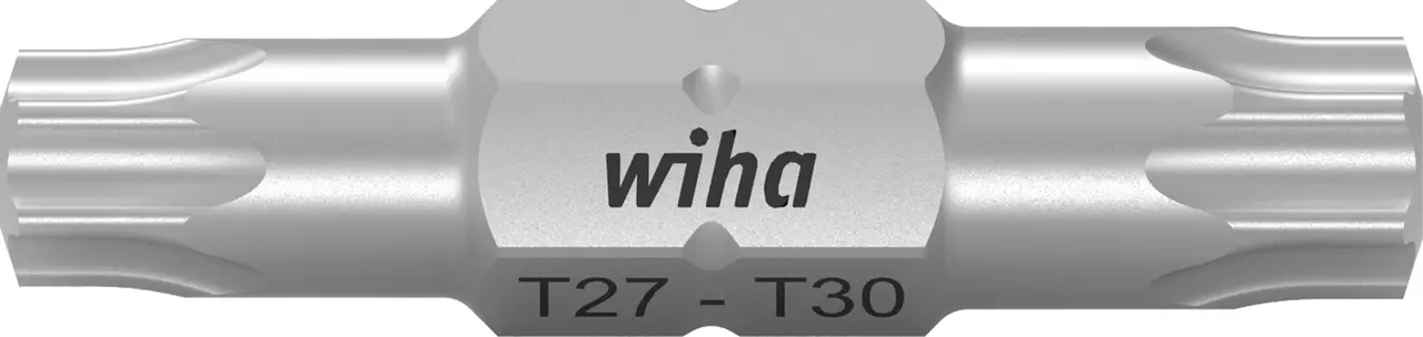 Double-ended Torx bit, sizes T27 and T30, silver metallic finish.